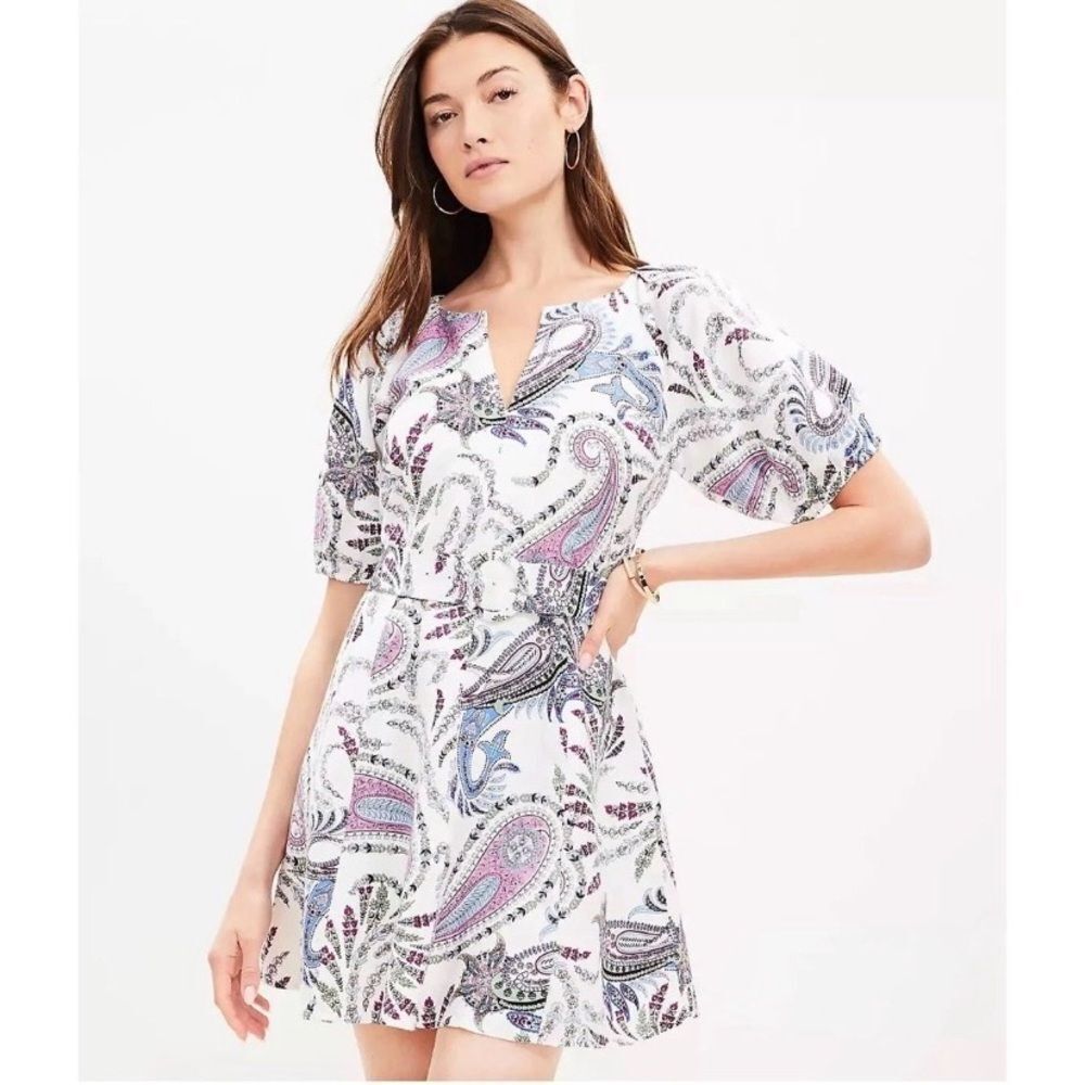 NWT LOFT Women’s Paisley Linen Blend Belted Puff Sleeve Boho Dress Size 4